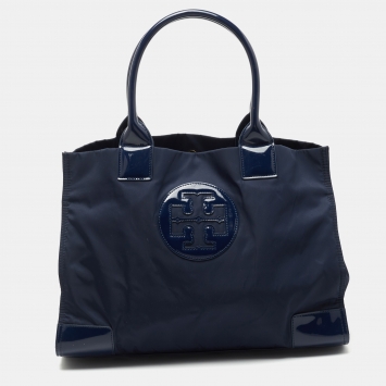 Pre Owned Tory Burch Navy Blue Nylon and Patent Leather Ella Tote