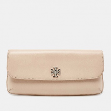 Pre Owned Tory Burch Light Beige Leather Diana Flap Clutch