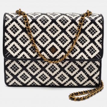 Pre Owned Tory Burch Black/White Woven Leather Robinson Chain Shoulder Bag