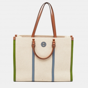 Pre Owned Tory Burch Tricolor Canvas and Leather Blake Shopper Tote