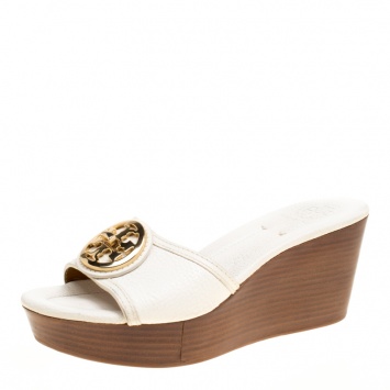 Pre Owned Tory Burch White Leather Selma Wedge Slides Size 36.5