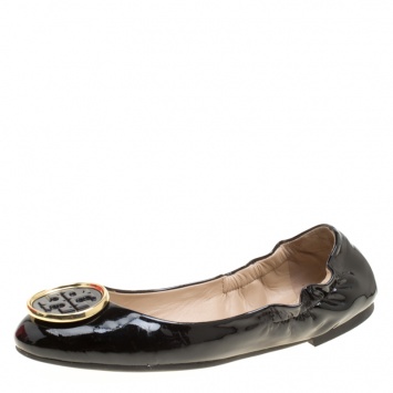 Pre Owned Tory Burch Black Patent Leather Twiggie Scrunch Ballet Flats Size 36