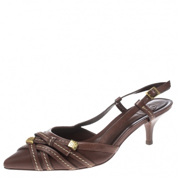 Pre Owned Tory Burch Brown Leather Bow Pointed Toe Slingback Sandals Size 38