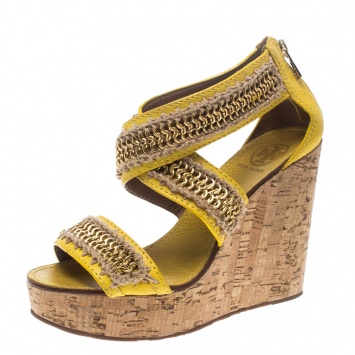 Pre Owned Tory Burch Yellow Leather Lucian Chain Embellished Cork Wedge Sandals Size 38