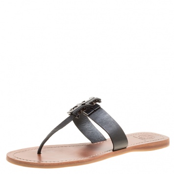 Pre Owned Tory Burch Black Leather Moore Flat Thong Sandals Size 39