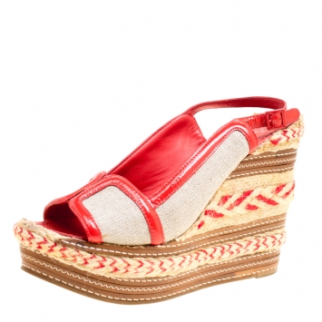 Pre Owned Tory Burch Beige/Red Canvas and Patent Leather Breacher Slingback Espadrille Wedge Sandals Size 39.5