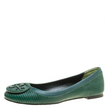 Pre Owned Tory Burch Green Lizard Embossed Leather Reva Ballet Flats Size 38.5