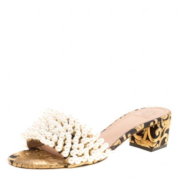 Pre Owned Tory Burch Black/Gold Embroidered Fabric Tatiana Pearl Sandals Size 37.5