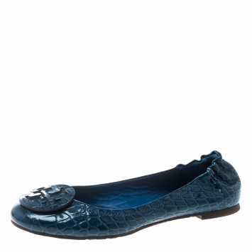 Pre Owned Tory Burch Blue Patent Croc Embossed Leather Reva Scrunch Ballet Flats Size 38.5