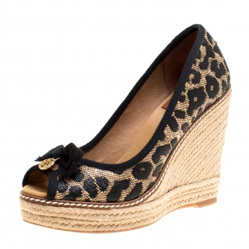 Pre Owned Tory Burch Beige/Black Animal Print Raffia and Fabric Jackie Wedges Pumps Size 37