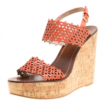 Pre Owned Tory Burch Coral Red Perforated Leather Daisy Cork Wedge Sandals Size 39.5