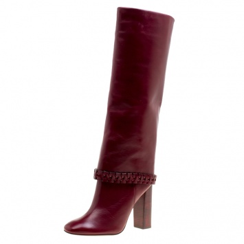 Pre Owned Tory Burch Burgundy Leather Sarava Braid Detail Knee Boots Size 39
