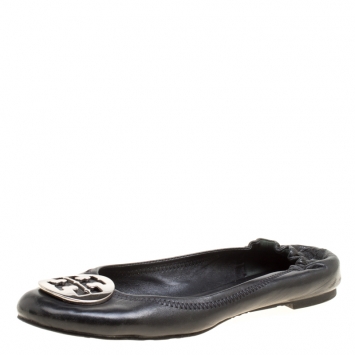 Pre Owned Tory Burch Black Leather Minnie Scrunch Ballet Flats Size 38