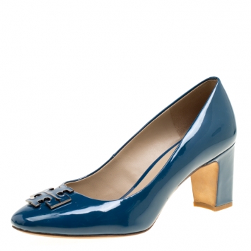 Pre Owned Tory Burch Teal Patent Leather Raleigh Round Toe Pumps Size 38