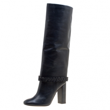 Pre Owned Tory Burch Dark Blue Leather Sarava Braid Detail Knee Boots Size 40