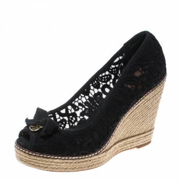 Pre Owned Tory Burch Black Crochet Jackie Peep Toe Platform Wedge Sandals Size 39.5