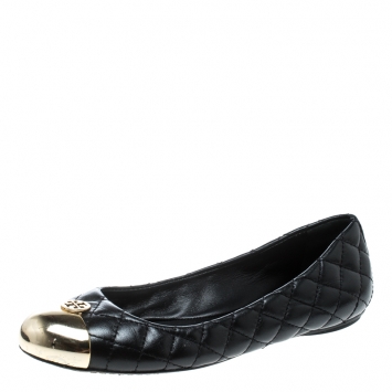 Pre Owned Tory Burch Black Quilted Leather Kaitlin Metal Cap Toe Ballet Flats Size 37
