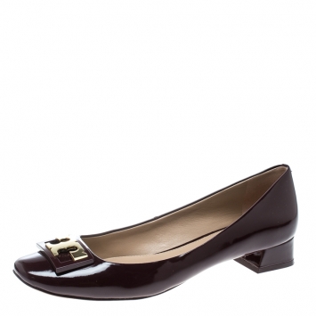 Pre Owned Tory Burch Burgundy Patent Leather Gigi Block Heel Pumps Size 39.5