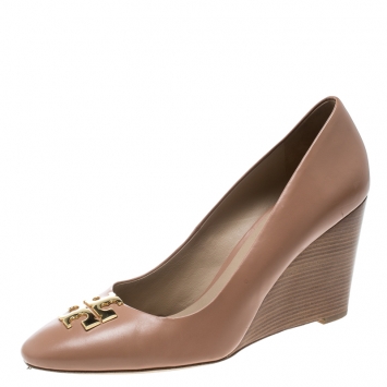 Pre Owned Tory Burch Pale Pink Leather Raleigh Round Toe Wedge Pumps Size 41