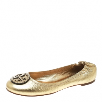 Pre Owned Tory Burch Metallic Gold Leather Minnie Scrunch Ballet Flats Size 38