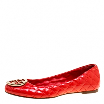 Pre Owned Tory Burch Red Quilted Leather Quinn Ballet Flats Size 40