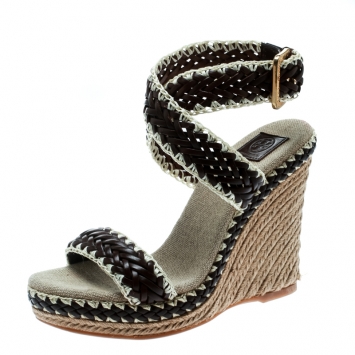 Pre Owned Tory Burch Two Tone Woven Leather Paloma Ankle Strap Espadrille Wedge Sandals Size 36.5