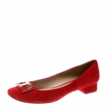 Pre Owned Tory Burch Red Suede Gigi Block Heel Pumps Size 39