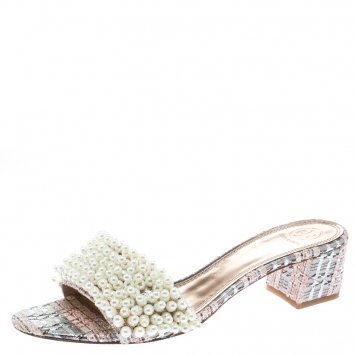 Pre Owned  Tory Burch Pink/Silver Embroidered Fabric Tatiana Pearl Sandals Size 40.5