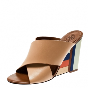 Pre Owned Tory Burch Beige Leather Colorblock Wedge Slide Sandals Size 37