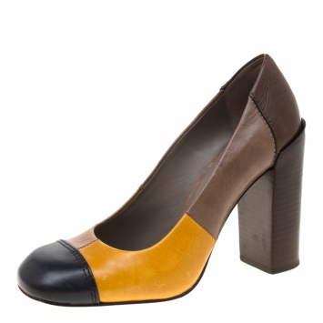 Pre Owned Tory Burch Multicolor Leather Taupe Block Heel Pumps Size 36