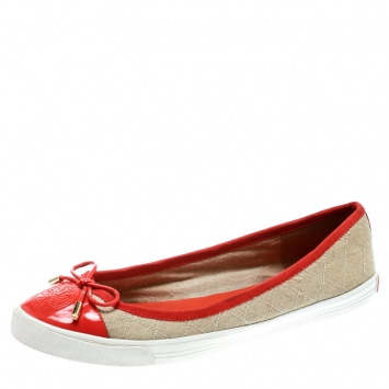 Pre Owned Tory Burch Beige Quilted Canvas And Orange Patent Leather Schuyler Ballet Flats Size 39.5