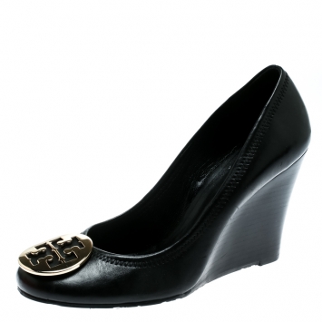 Pre Owned Tory Burch Black Leather Sally Wedge Pumps Size 38.5