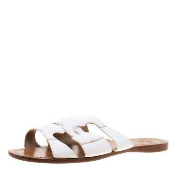 Pre Owned Tory Burch White Leather Anchor Flat Slides Size 38.5