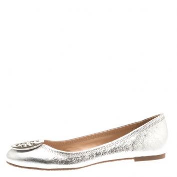 Pre Owned Tory Burch Silver Leather Reva Ballet Flats Size 39