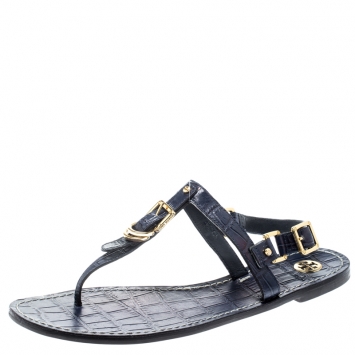 Pre Owned Tory Burch Navy Blue Croc Embossed Leather Trent Flat Thong Sandals Size 40