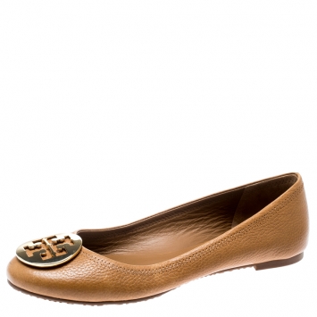 Pre Owned Tory Burch Brown Leather Reva Ballet Flats Size 39.5