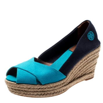 Pre Owned Tory Burch Two Tone Canvas Filipa Wedges Espadrille Sandals Size 37.5