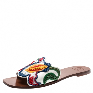 Pre Owned Tory Burch Multicolor Beads Embroidered Leather Bianca Slides Size 39