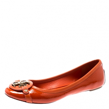Pre Owned Tory Burch Orange Patent Leather Aaden Ballet Flats Size 36.5