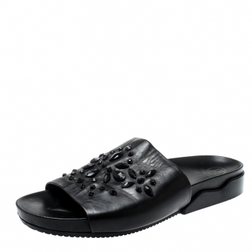 Pre Owned Tory Burch Black Leather Brae Crystal Embellished Slides Size 41