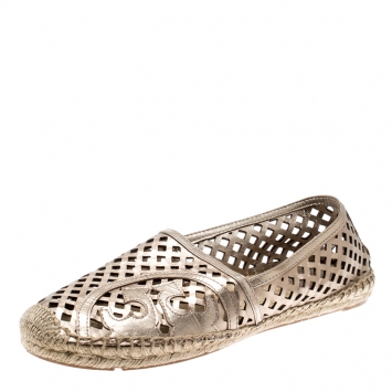 Pre Owned Tory Burch Metallic Dull Gold Laser Cut Leather Logo Thatched Espadrille Flats Size 40