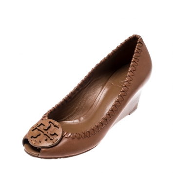 Pre Owned Tory Burch Brown Leather Sally Open Toe Pumps Size 37