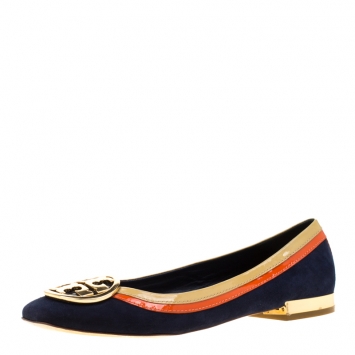 Pre Owned Tory Burch Tricolor Suede And Patent Leather Logo Square Toe Ballet Flats Size 38.5