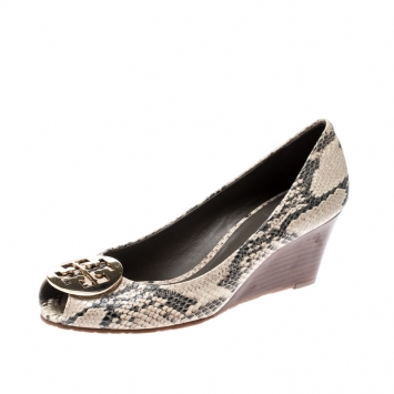 Pre Owned Tory Burch Python Embossed Peep Toe Wedge Pumps Size 39.5