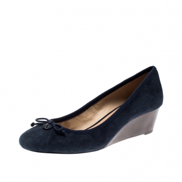 Pre Owned Tory Burch Blue Suede Wedge Pumps Size 39.5