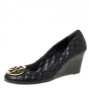 Pre Owned Tory Burch Black Quilted Leather Wedge Pumps Size 39