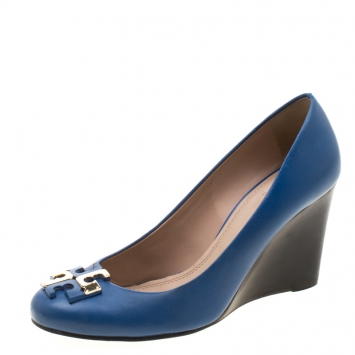 Pre Owned Tory Burch Blue Leather Lowell Wedge Pumps Size 38