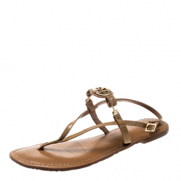 Pre Owned Tory Burch Brown Leather Ankle Strap Flat Sandals Size 39