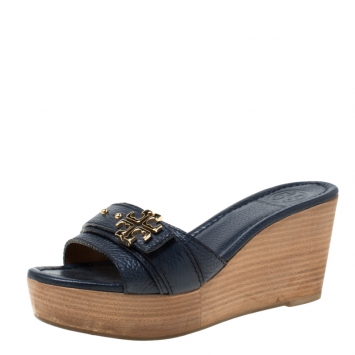 Pre Owned Tory Burch Blue Leather Patti Wedge Platform Sandals Size 37