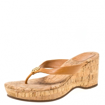 Pre Owned Tory Burch Brown Leather Suzy Thong Wedge Sandals Size 36.5